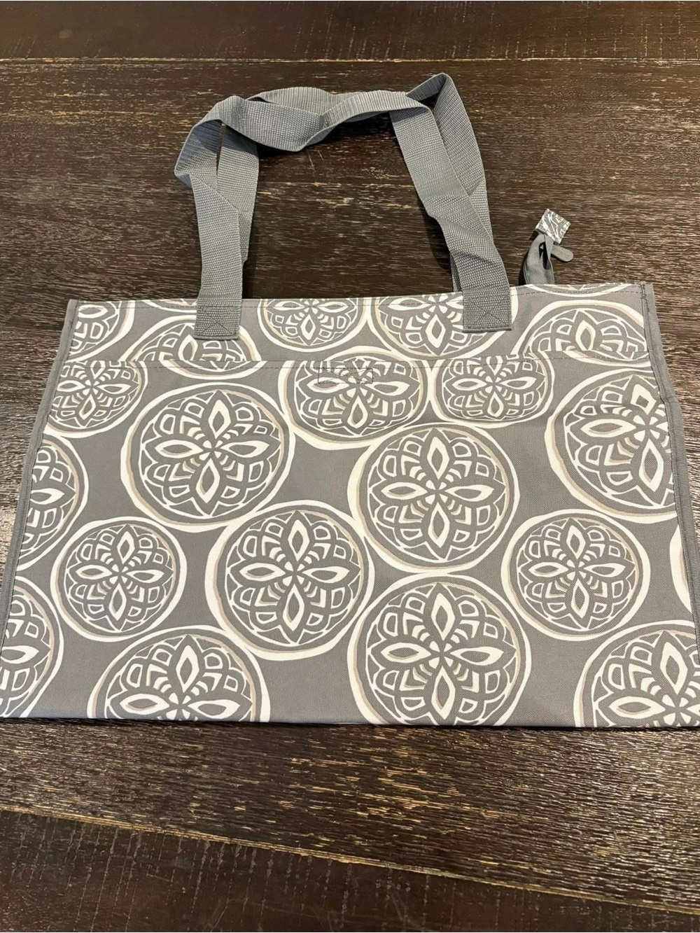 thirty-one Gray Canvas Tote with White Medallion Pattern